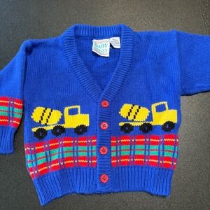 Vintage baby cardigan mixer truck plaid knit blue unique size 18 months